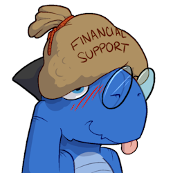 A blushing blue kobold smothered by a big bag of coins on his head labeled 'Financial Support'.
            Below him are the words 'Click to support kobl'